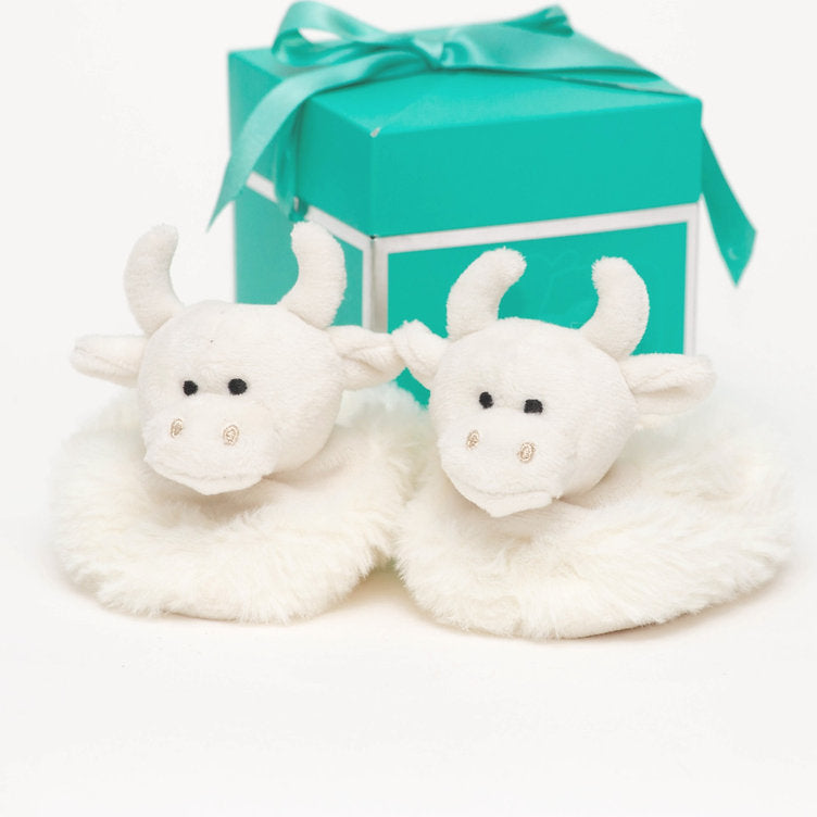 Jomanda Cream Highland Cow Baby Slippers – 0-6 Months, Super Soft Plush